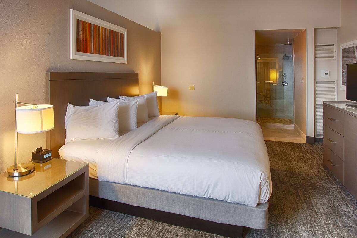 A hotel room with a bed, bedside lamps, a TV, a desk, and a bathroom with a shower.