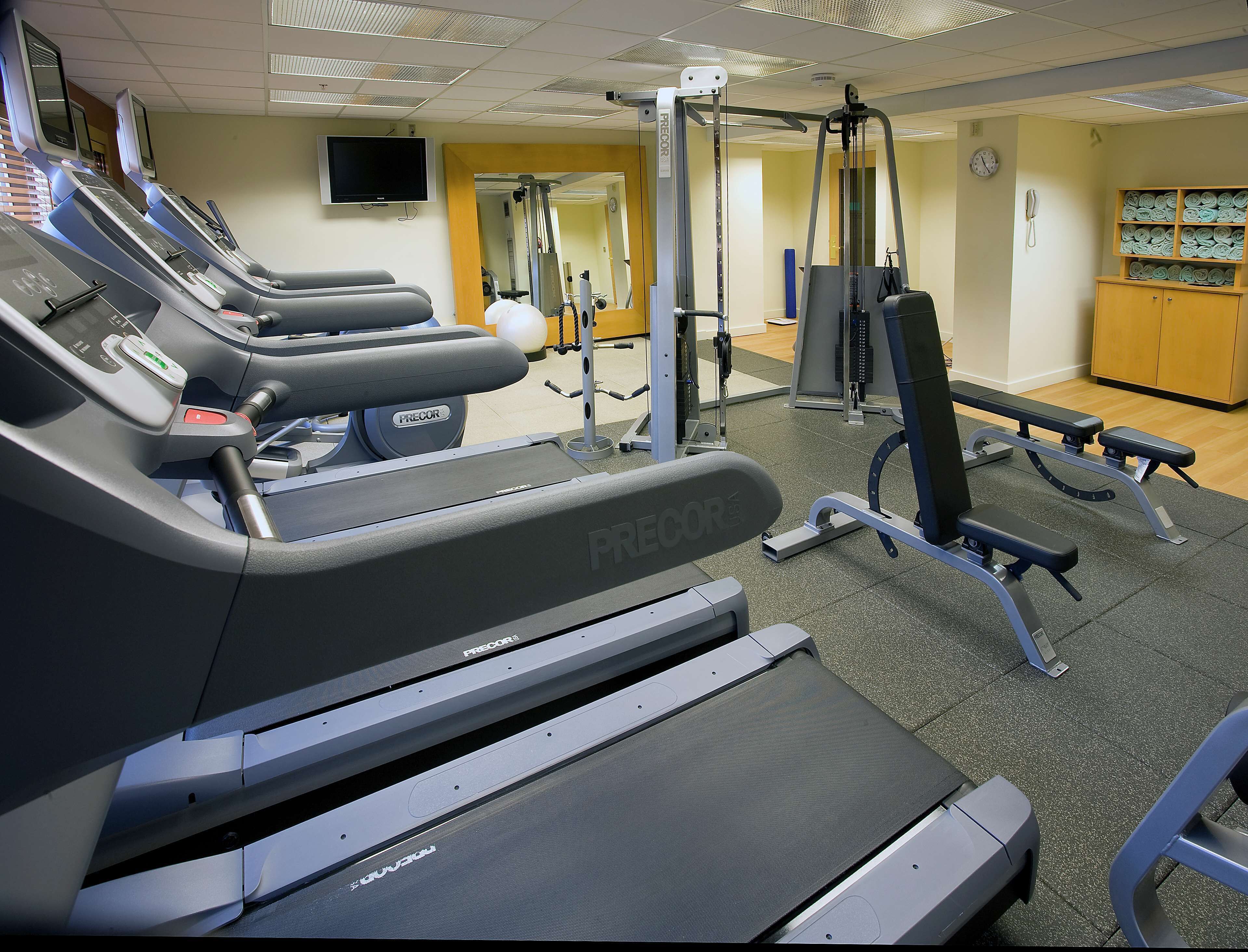 A gym with treadmills, weight machines, and a mirrored wall.