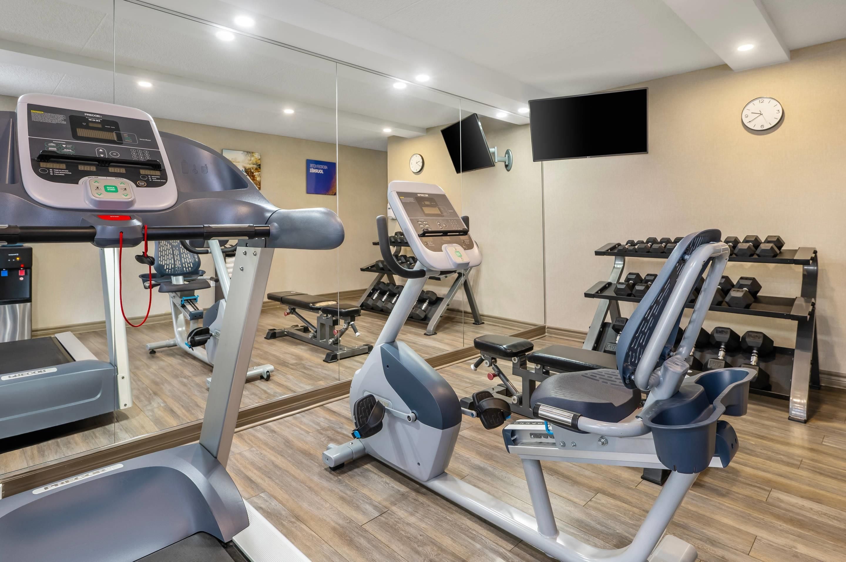 Ein Fitnessstudio mit Cardiogeräten, Langhantelbänken und Kurzhanteln.