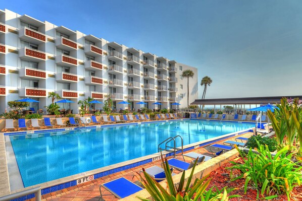 Outdoor pool, pool umbrellas, pool loungers