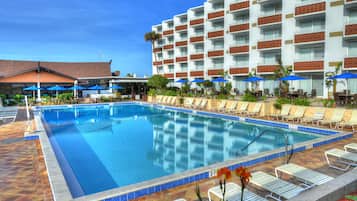 Outdoor pool, a heated pool, pool umbrellas, sun loungers