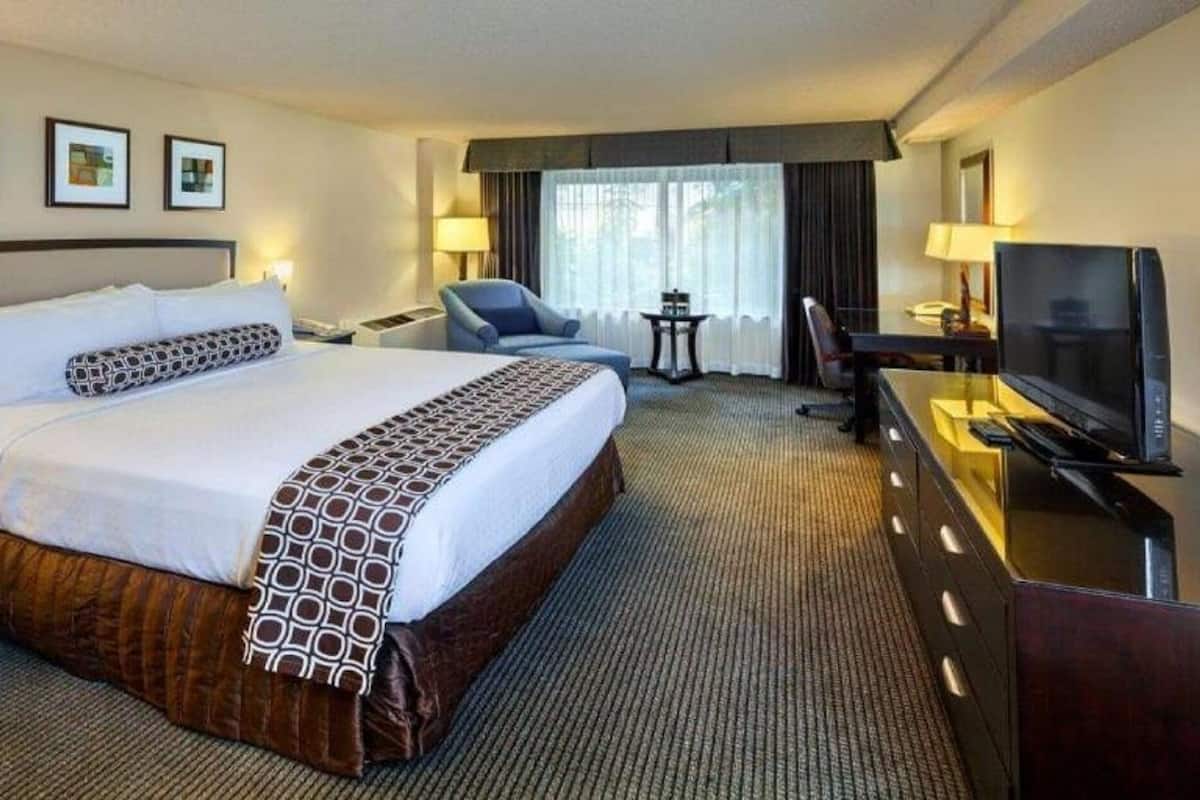 Une chambre d’hôtel avec un grand lit, un bureau avec une télévision, une chaise et une petite table.