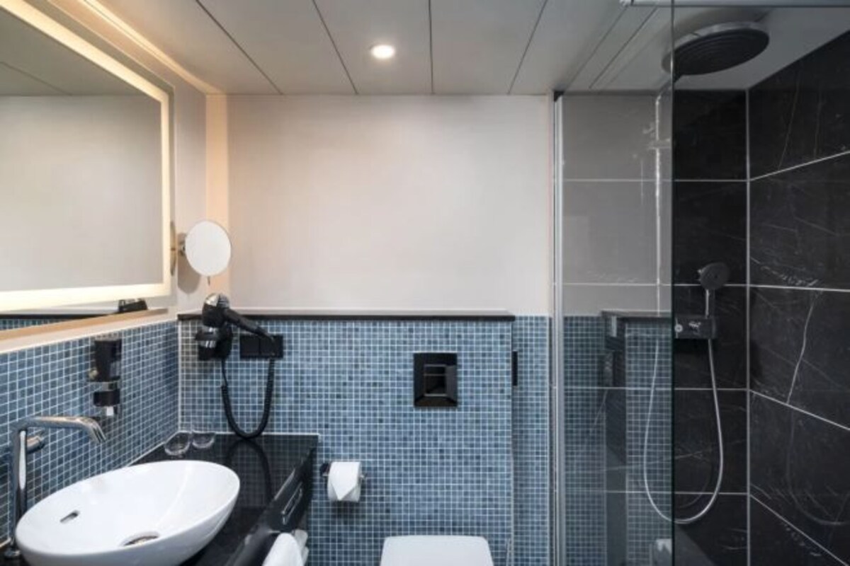 Une salle de bain moderne dotée d’un grand lavabo, de toilettes et d’un espace douche.