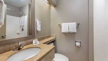 Combined shower/tub, free toiletries, hair dryer, towels