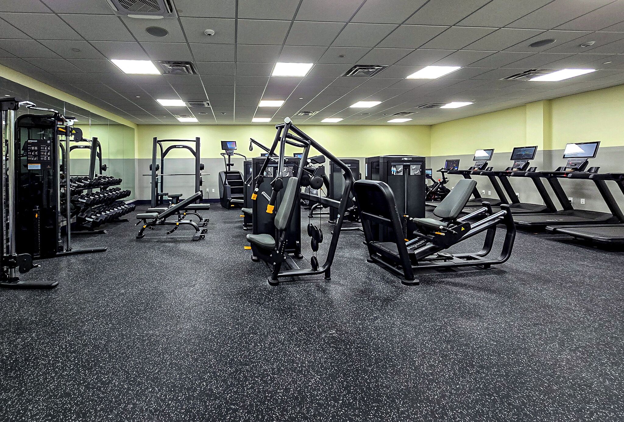 A gym with treadmills, weight machines, and dumbbells.