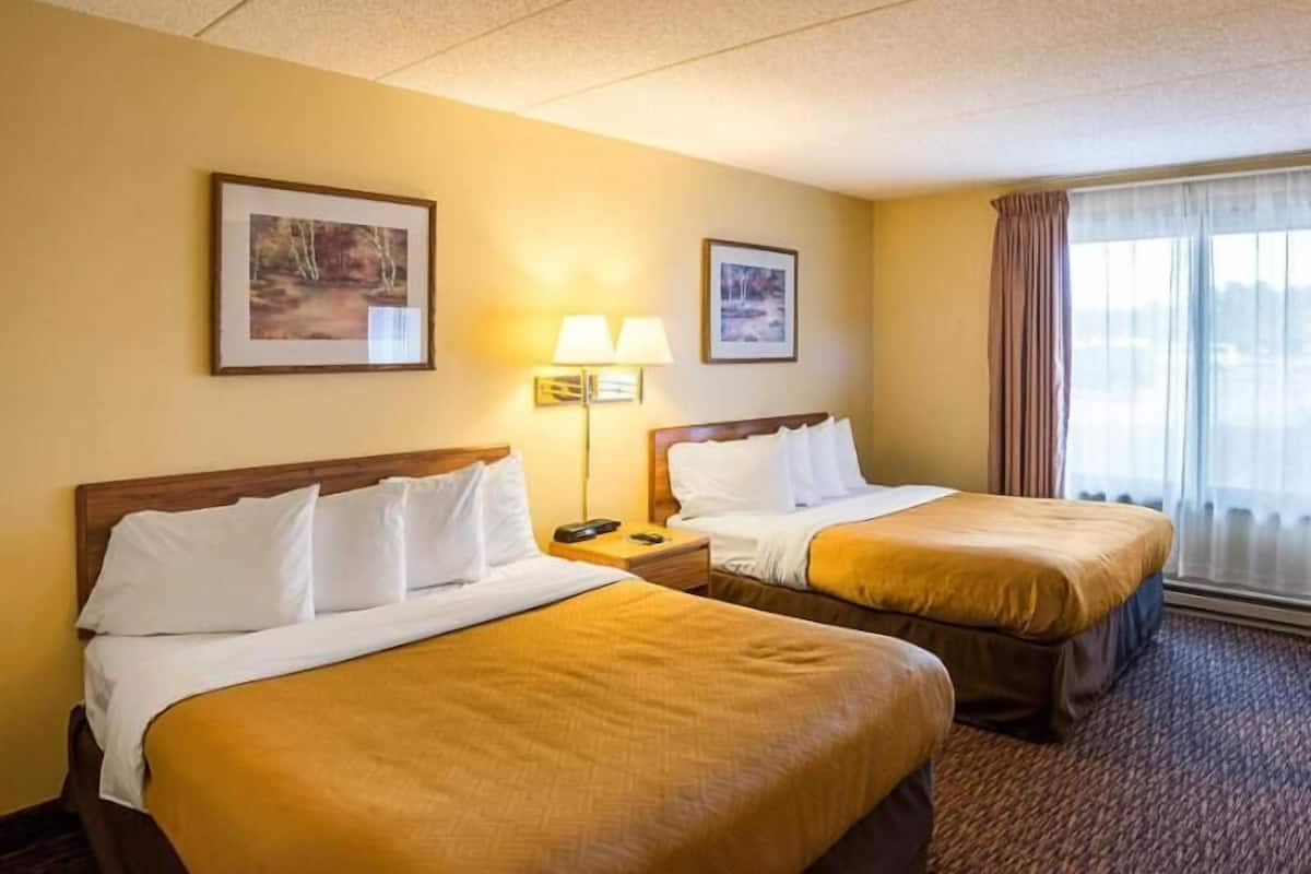A hotel room with two beds, a nightstand with a lamp, and two framed pictures on the wall.