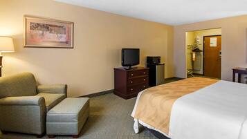 A hotel room with a bed, a chair, a television, a dresser, and a microwave.