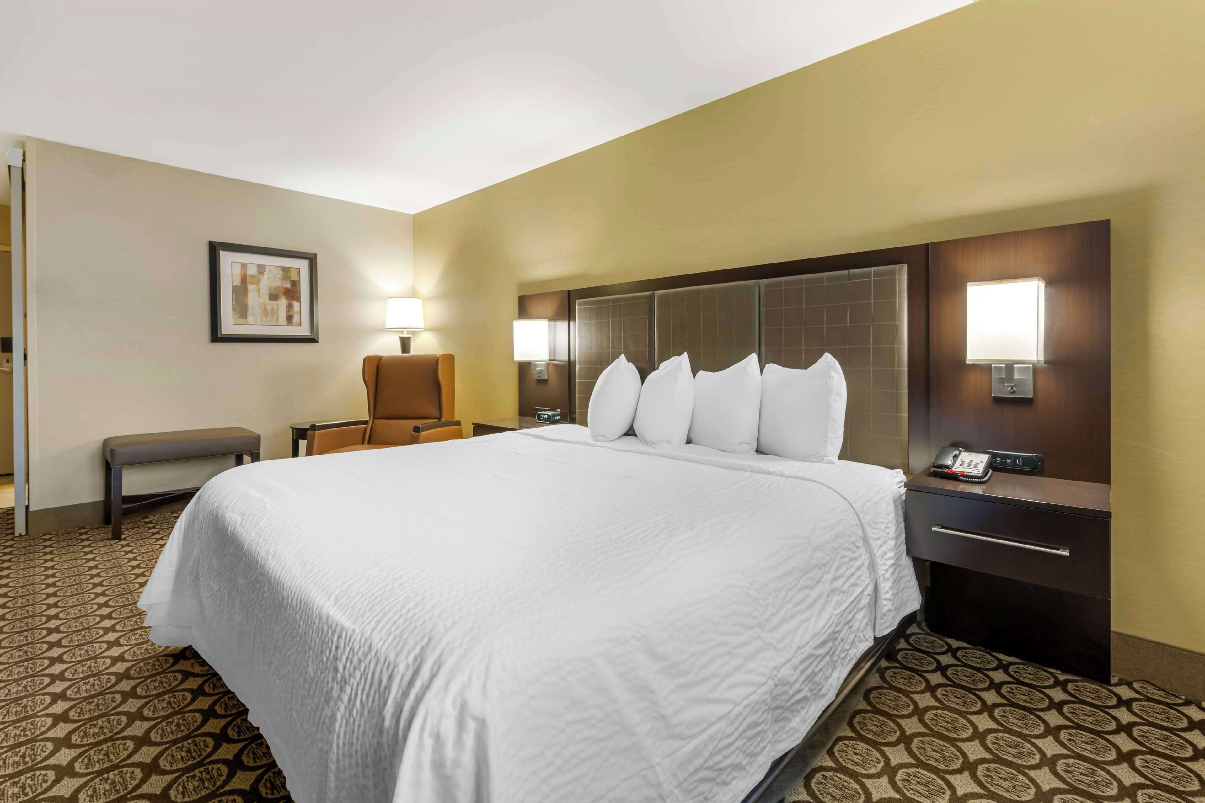 A hotel room with a large bed, a chair, a desk with a lamp, and a picture on the wall.
