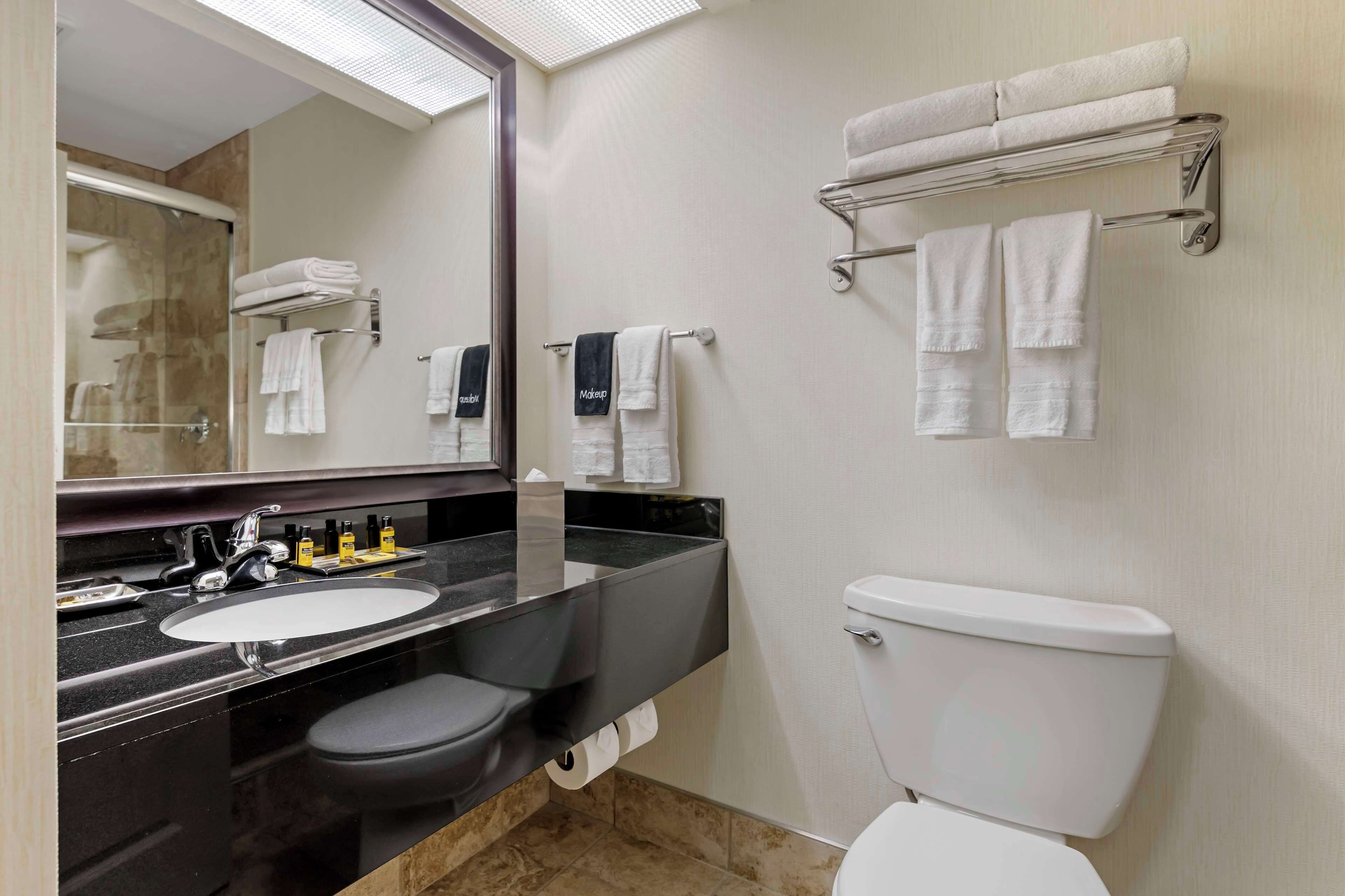 Une salle de bain moderne avec un lavabo noir, un miroir, des toilettes et un porte-serviettes où sont soigneusement pliées des serviettes.