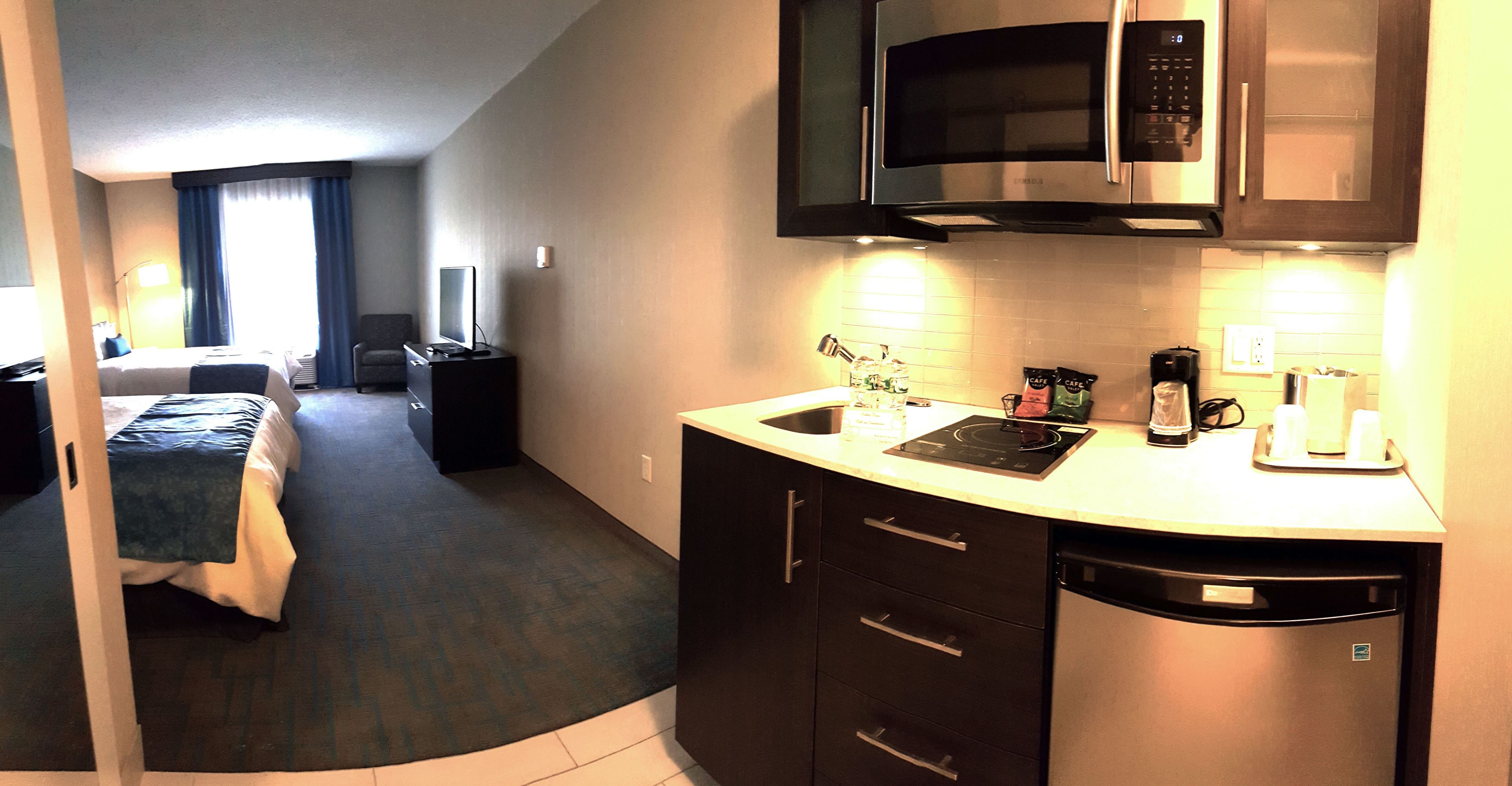 mini-fridge, microwave, coffee/tea maker