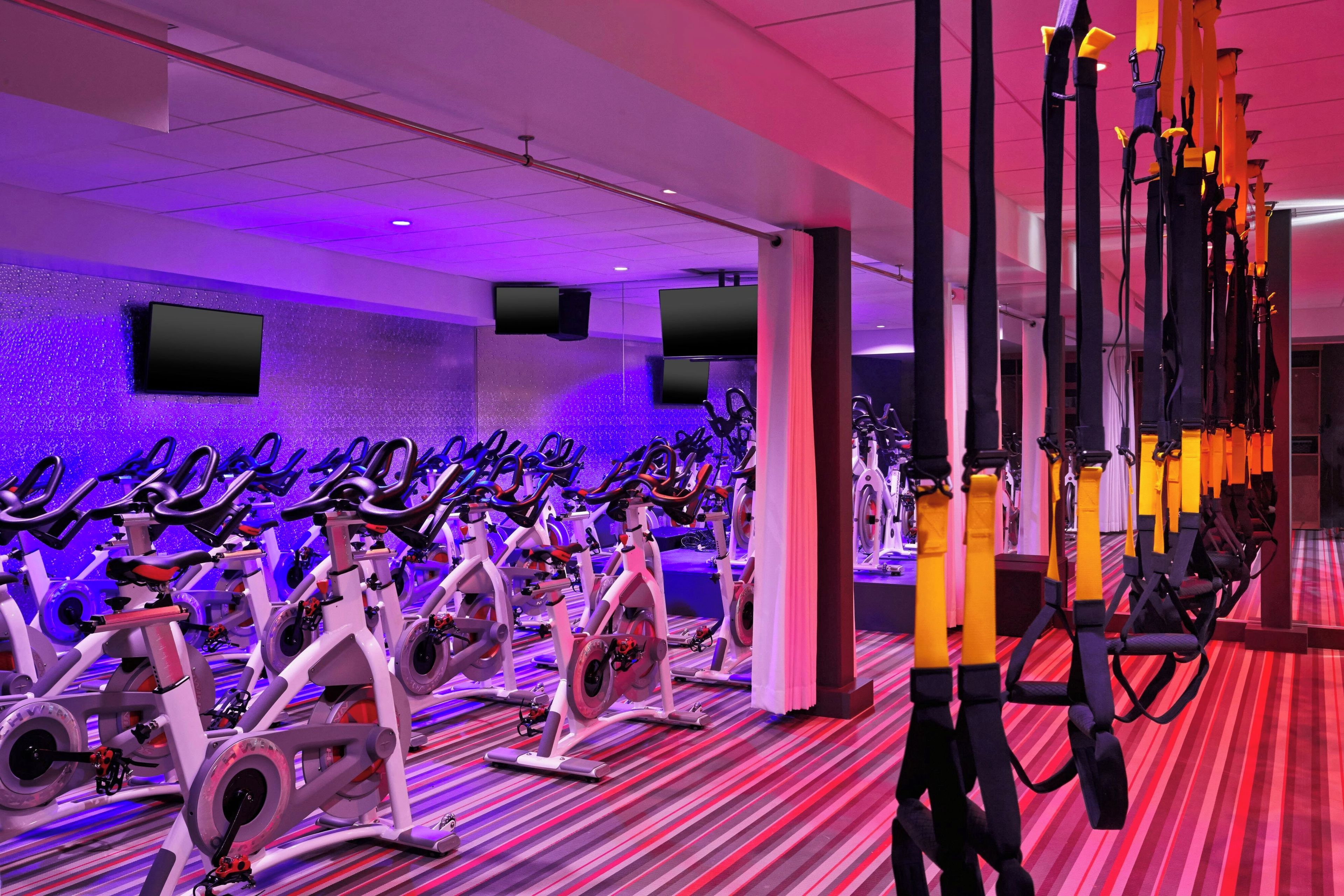 A gym with stationary bikes arranged in rows, a patterned carpet, and a large mirror.