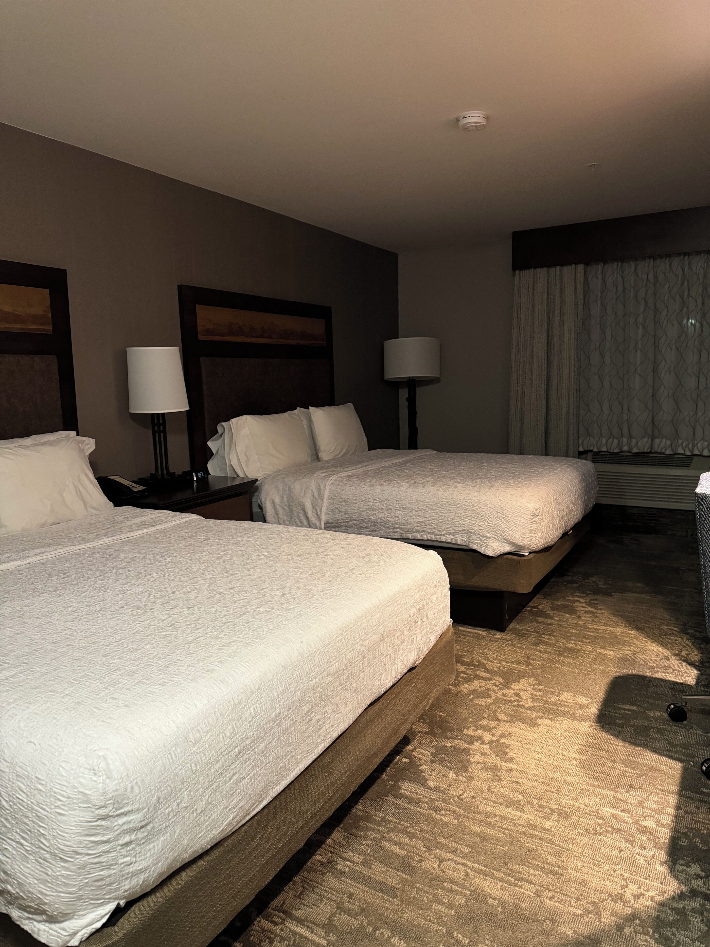 A hotel room with two beds, a nightstand with a lamp, a window with curtains, and a ceiling light.