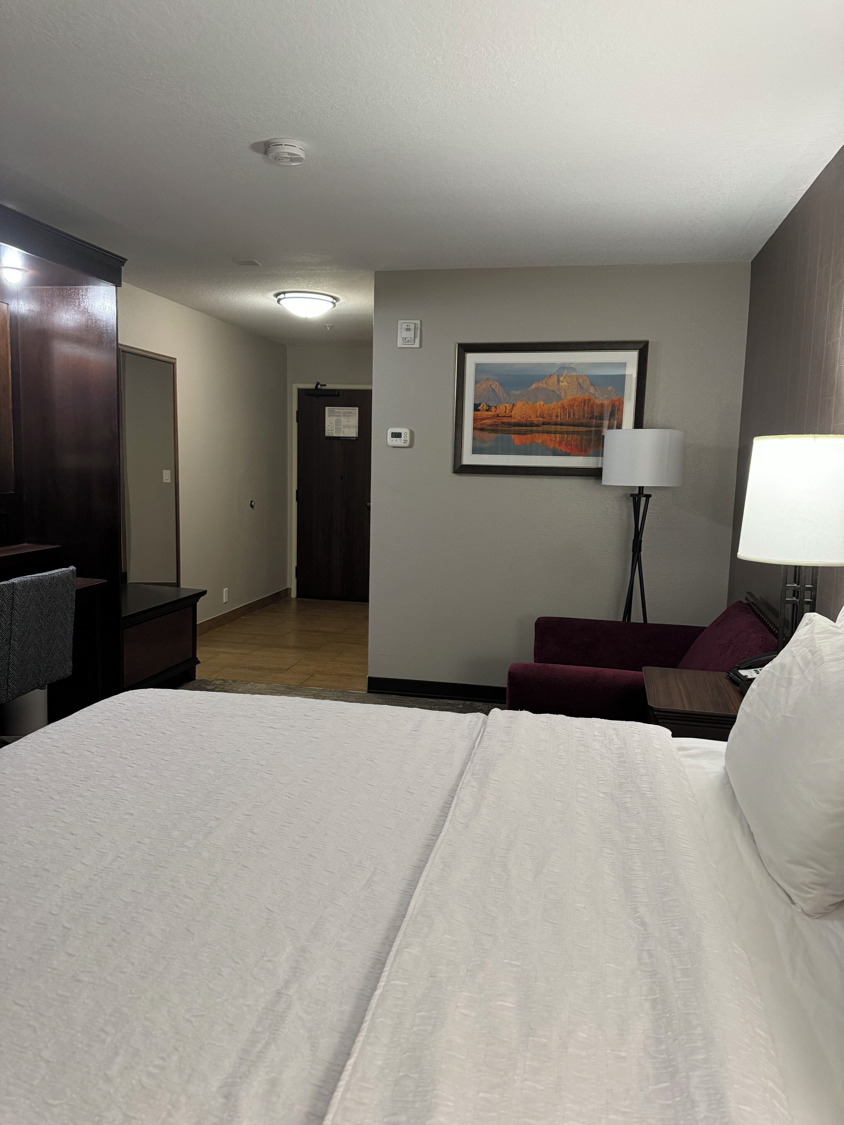 Habitación de hotel con cama, escritorio, silla, lámpara, un cuadro y una puerta.