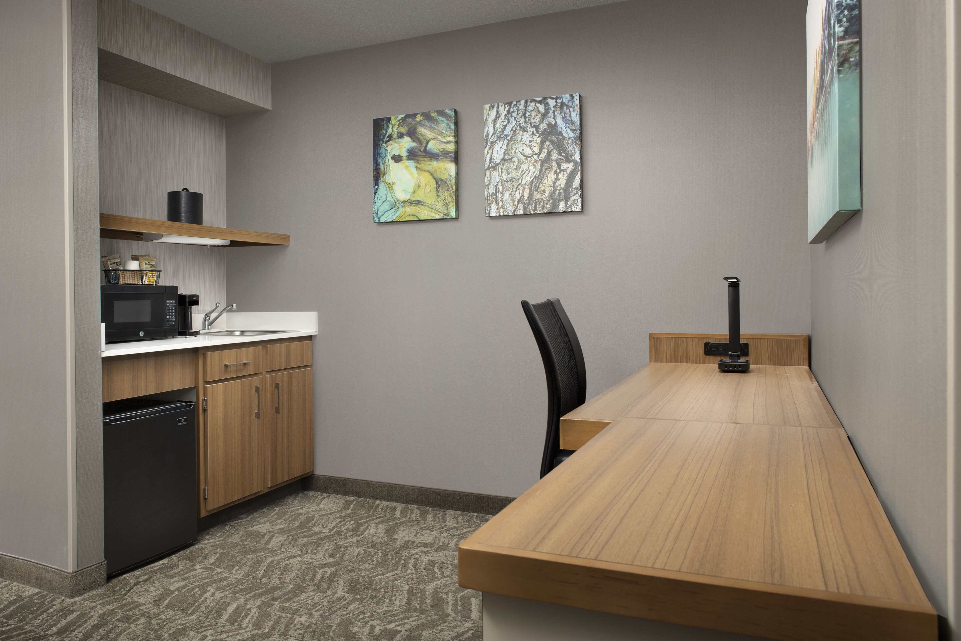 fridge, microwave, coffee/tea maker, cookware/dishes/utensils