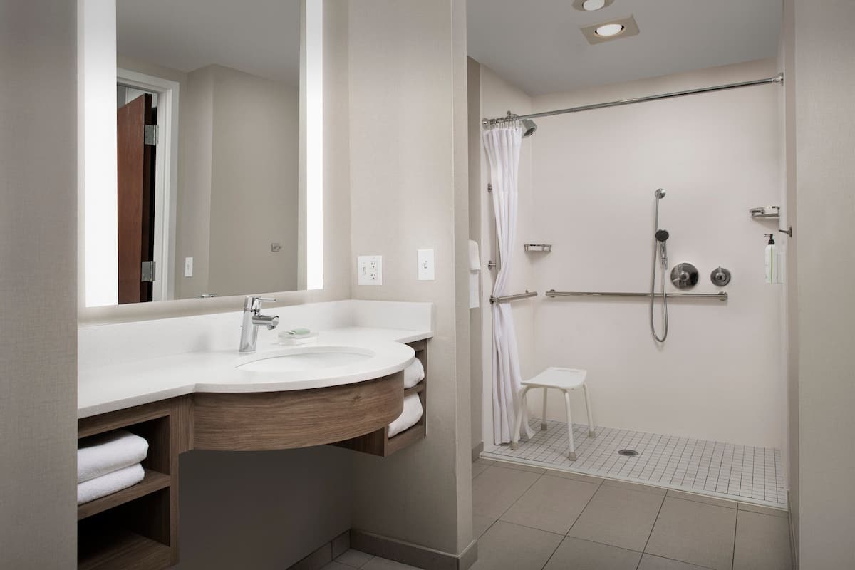 Combined shower/bathtub, free toiletries, hair dryer, towels