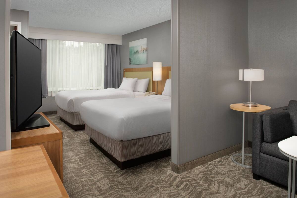 A hotel room with two beds, a TV, a desk, a lamp, and a couch.
