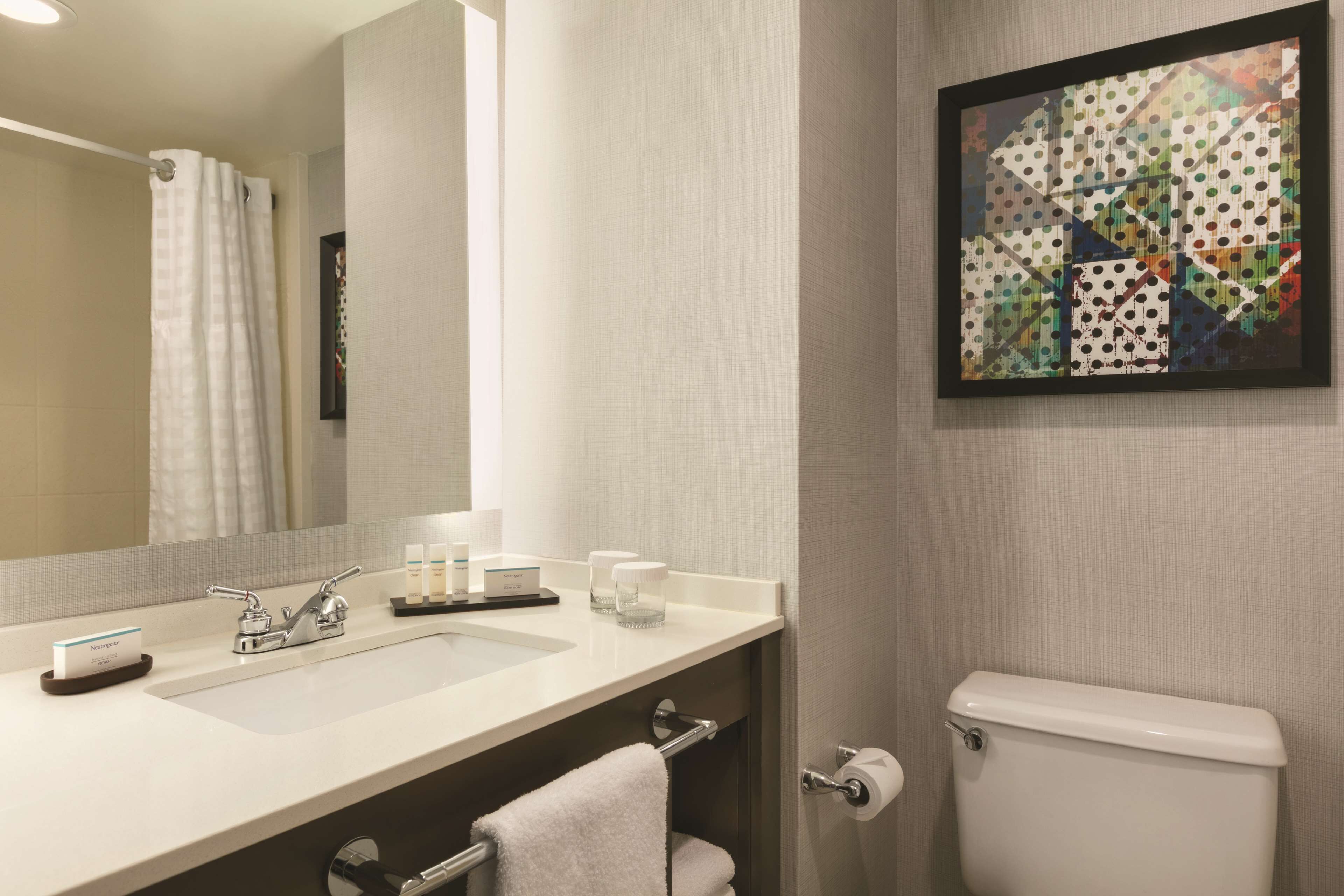 combined shower/bathtub, free toiletries, hair dryer, towels