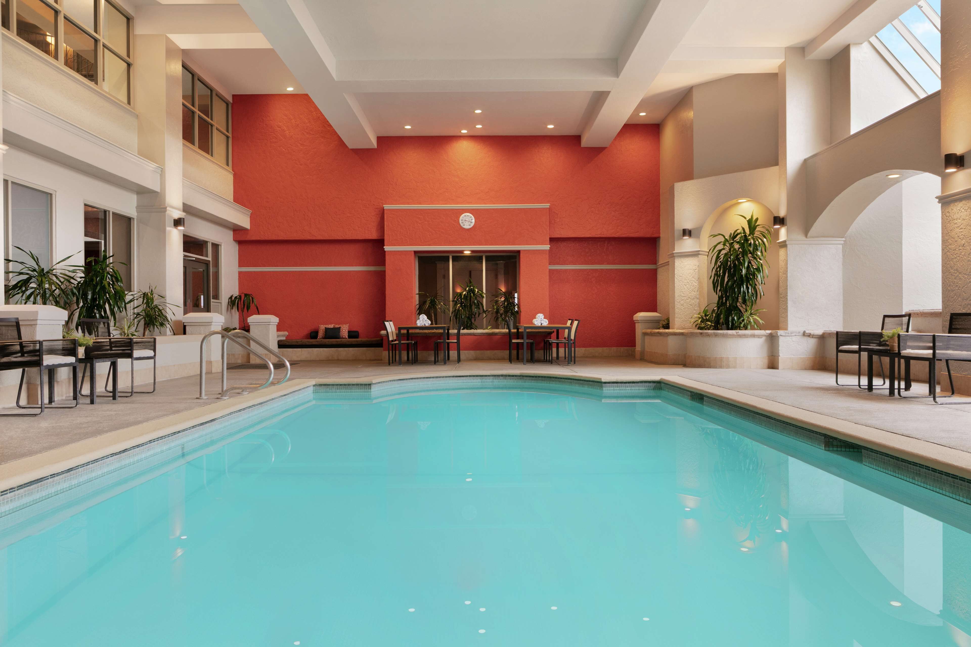 An indoor swimming pool with a red wall, seating area, and potted plants.
