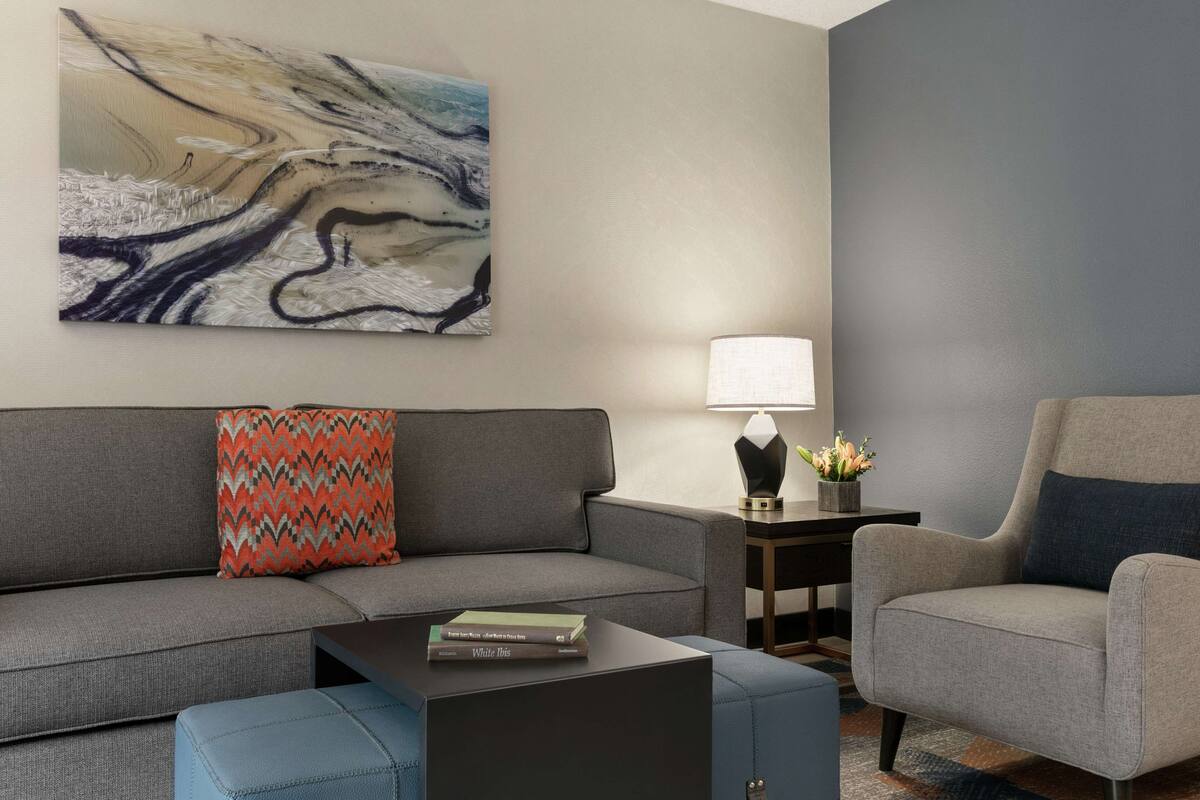 A modern living room with a gray sofa, a blue ottoman, a black coffee table, and a gray armchair. A colorful pillow rests on the sofa, and a painting hangs on the wall.