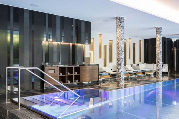 Indoor pool, outdoor pool, pool loungers