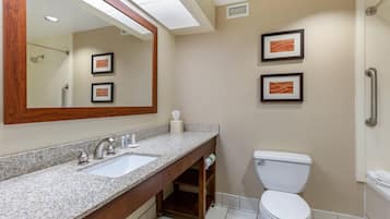 A bathroom with a granite countertop sink, a white toilet, and framed artwork on the wall.