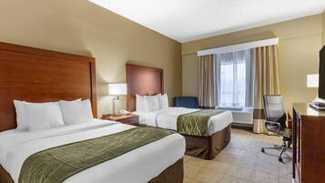Premium bedding, pillowtop beds, desk, blackout drapes