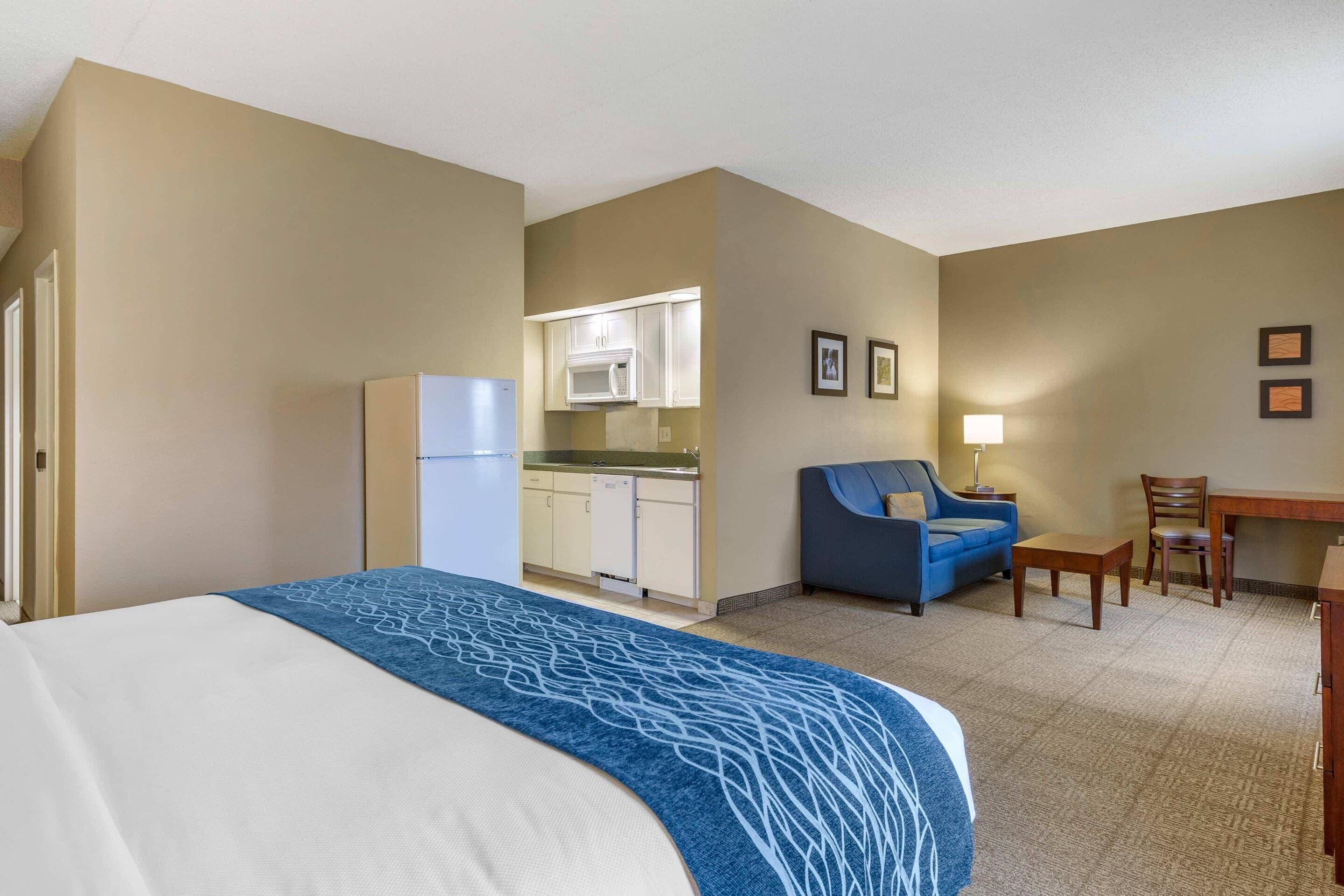 Premium bedding, pillow-top beds, desk, blackout curtains