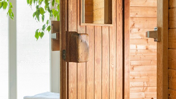 A wooden door with a towel dispenser and a small shelf.