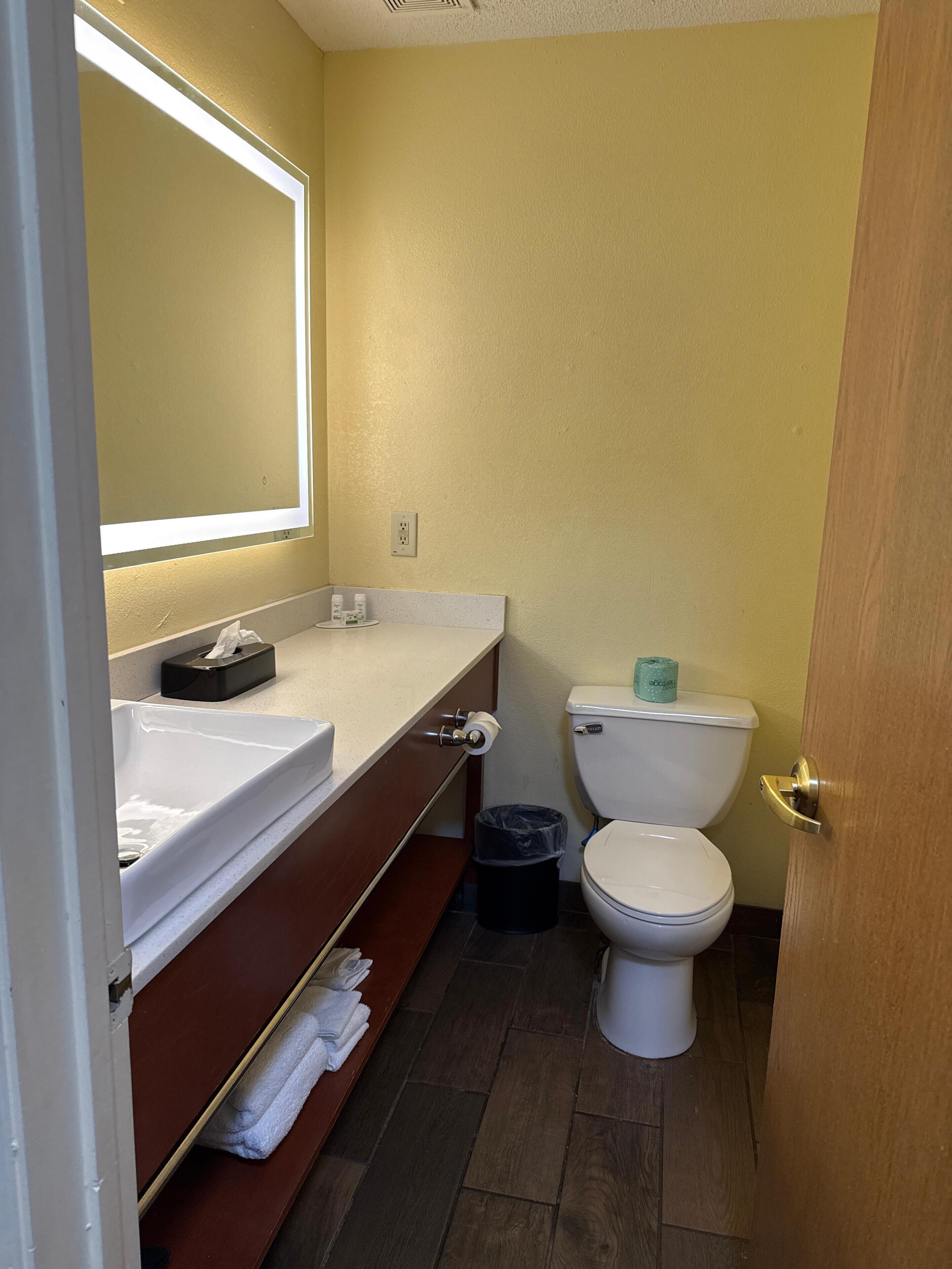 Casa de banho com lavatório branco, espelho e sanita. Inclui um cesto de lixo e um porta-toalhas.