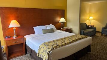 Premium bedding, pillowtop beds, desk, laptop workspace