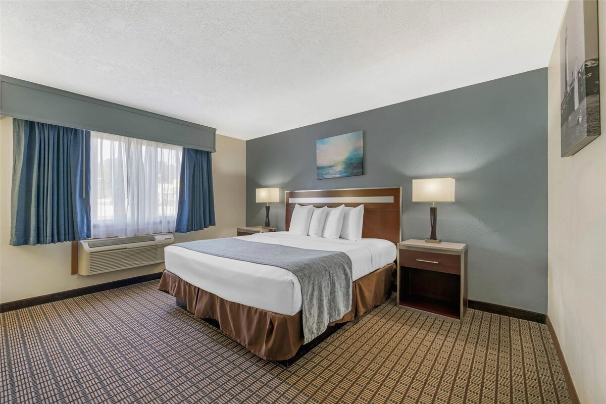 Une chambre d’hôtel comprenant un lit, deux tables de chevet, une fenêtre avec des rideaux, un climatiseur fixé au mur et un tableau.