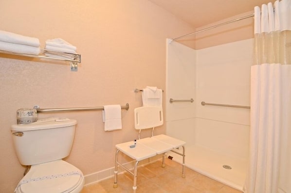 Standard Room, 2 Double Beds, Accessible, Refrigerator & Microwave | Bathroom | Combined shower/tub, eco-friendly toiletries, hair dryer, towels