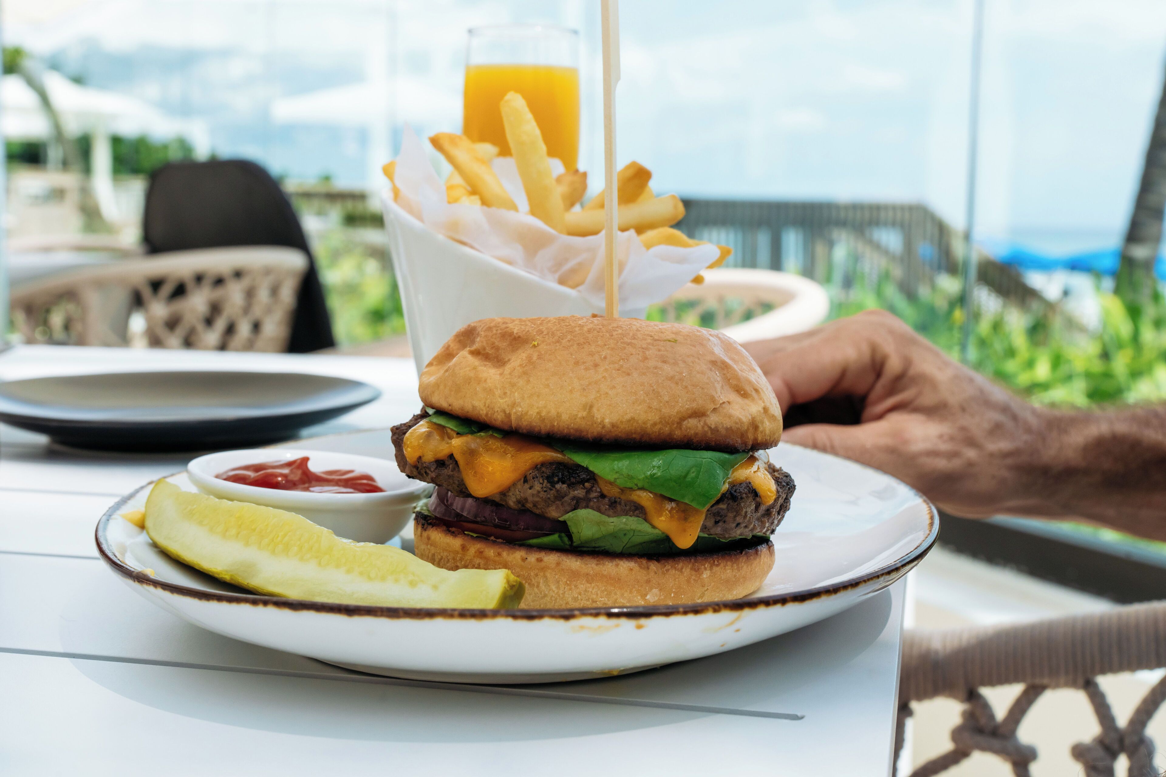 Un hamburger accompagné de frites et un verre de jus d’orange, servis sur une table offrant une vue sur la verdure.