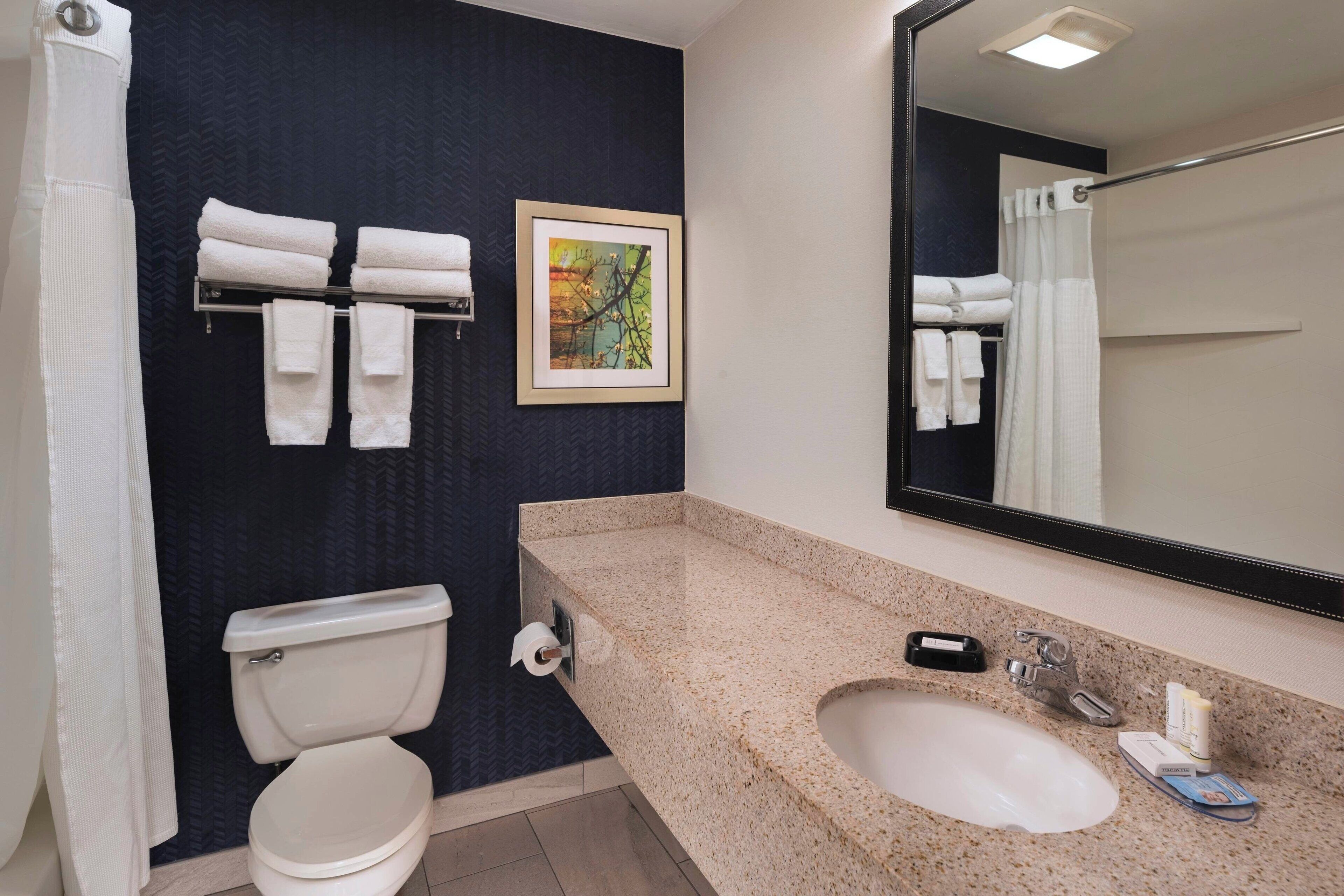 combined shower/bathtub, eco-friendly toiletries, hair dryer, towels