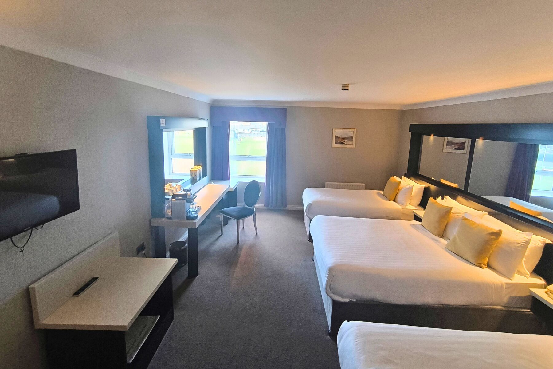 Habitación de hotel con escritorio, dos camas, televisor y ventana con vista.