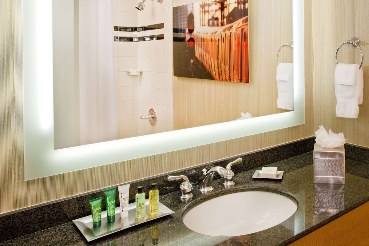 Combined shower/bathtub, free toiletries, hair dryer, towels