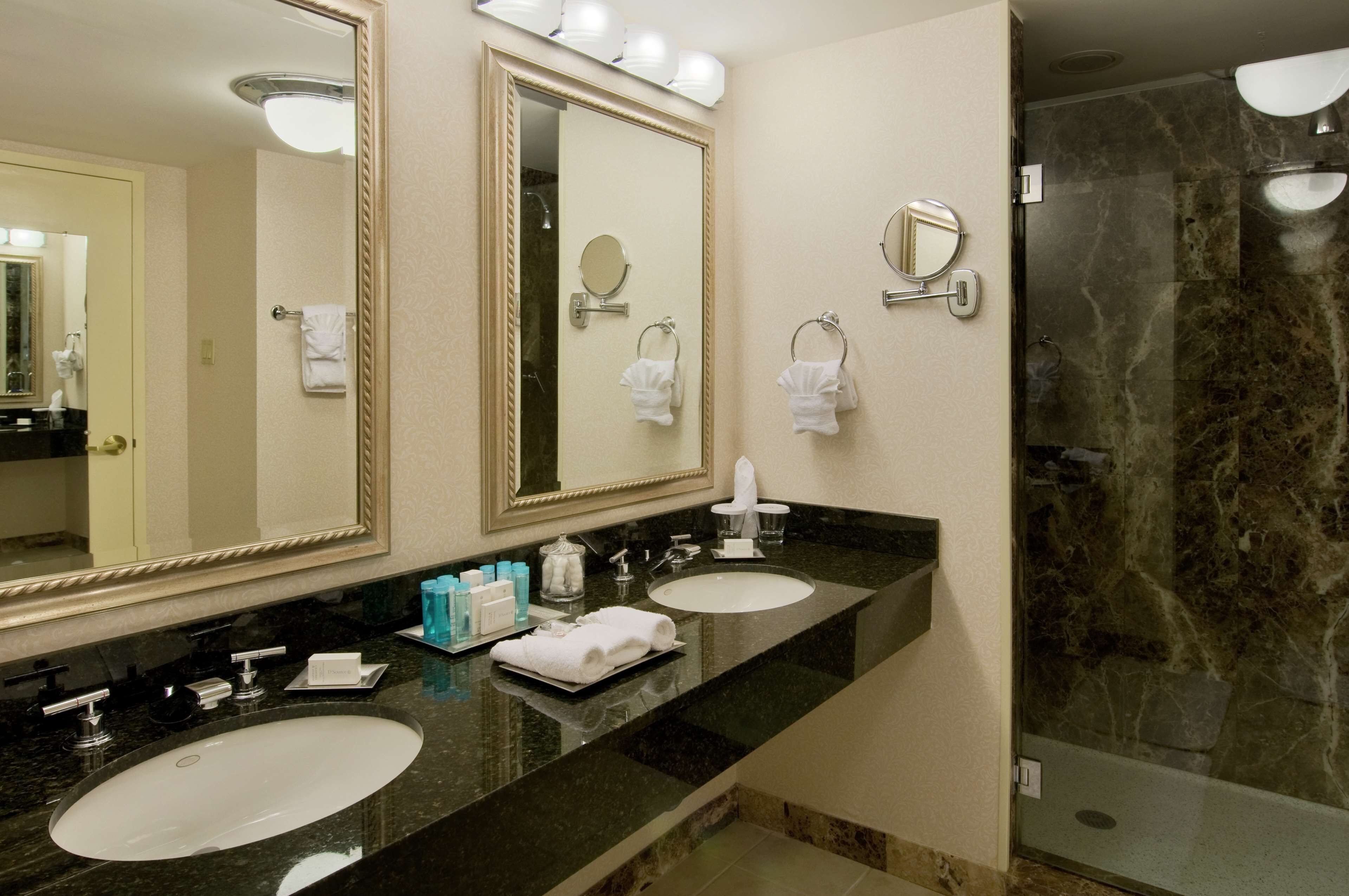 combined shower/bathtub, free toiletries, hair dryer, towels