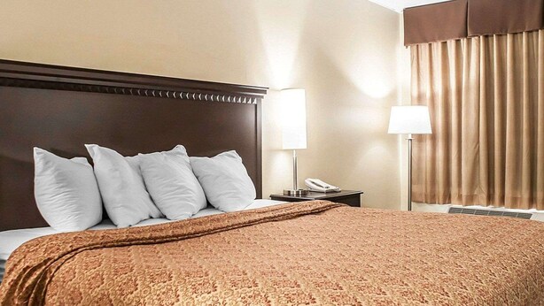 A hotel room with a large bed, a wooden headboard, two bedside tables with lamps, a telephone, and a window with curtains.