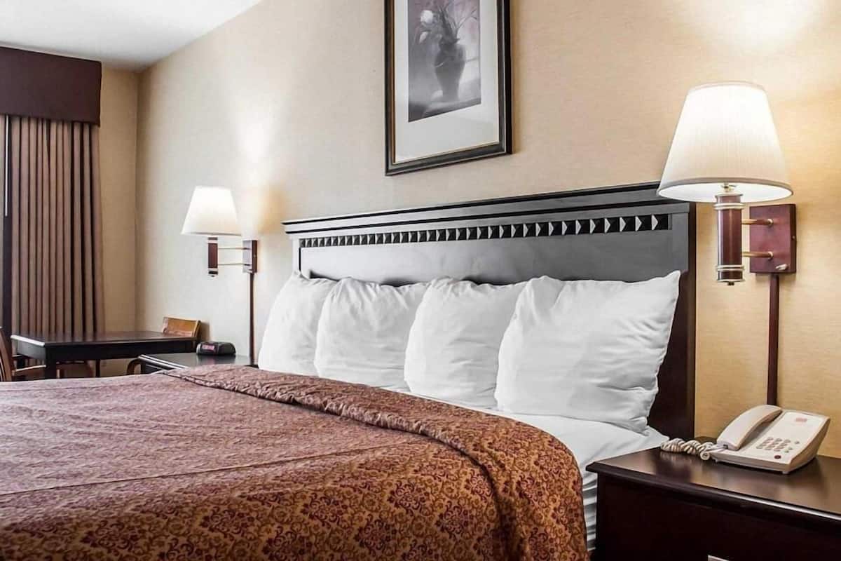 Hotelkamer met een bed, bedlampen, een telefoon, een inlijsting foto aan de muur en een bureau met stoel.