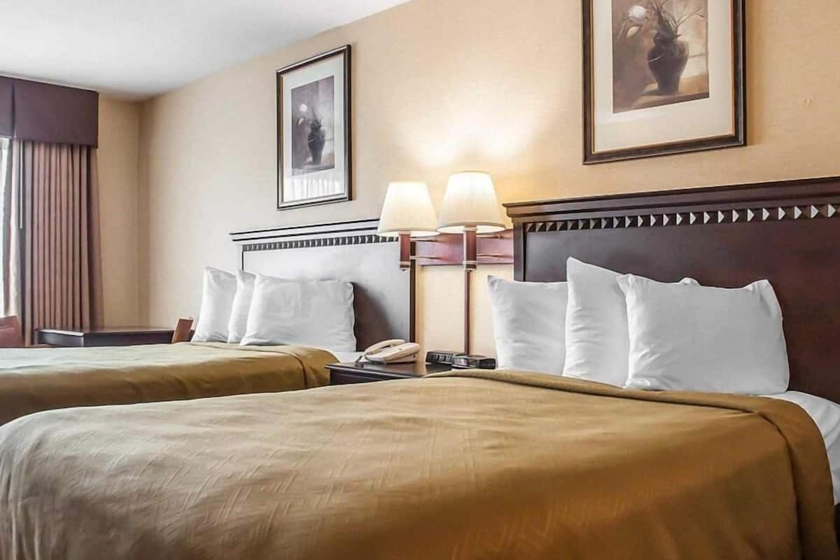 Een hotelkamer met twee bedden, een nachtkastje met een lamp, een telefoon en kunstwerken in een lijst aan de muur.
