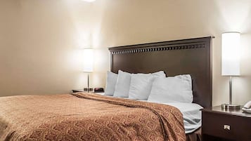 Une chambre d’hôtel avec un grand lit, une table de chevet avec une lampe et un téléphone fixé au mur.