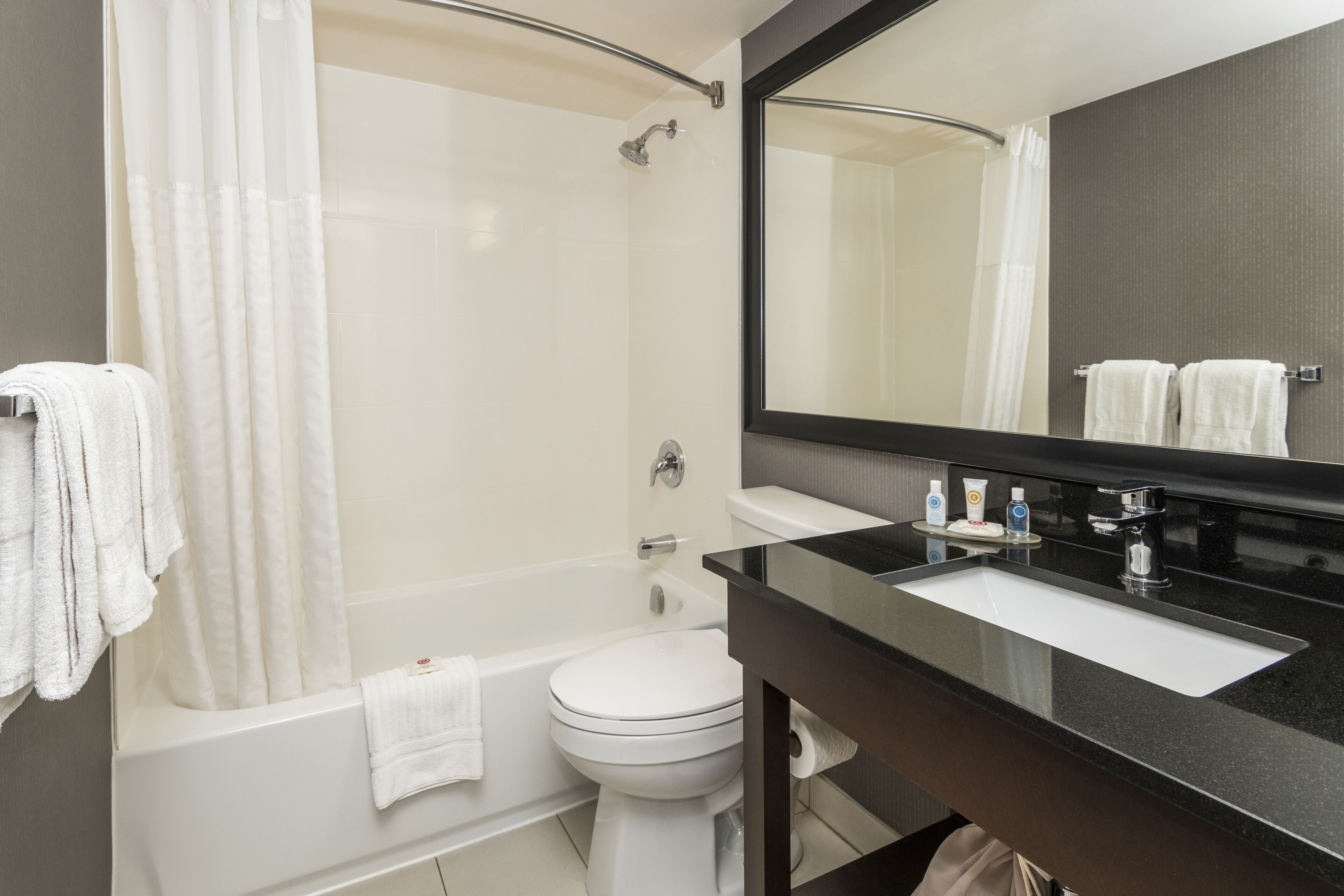 A modern bathroom with a bathtub, toilet, and a large mirror above the sink.