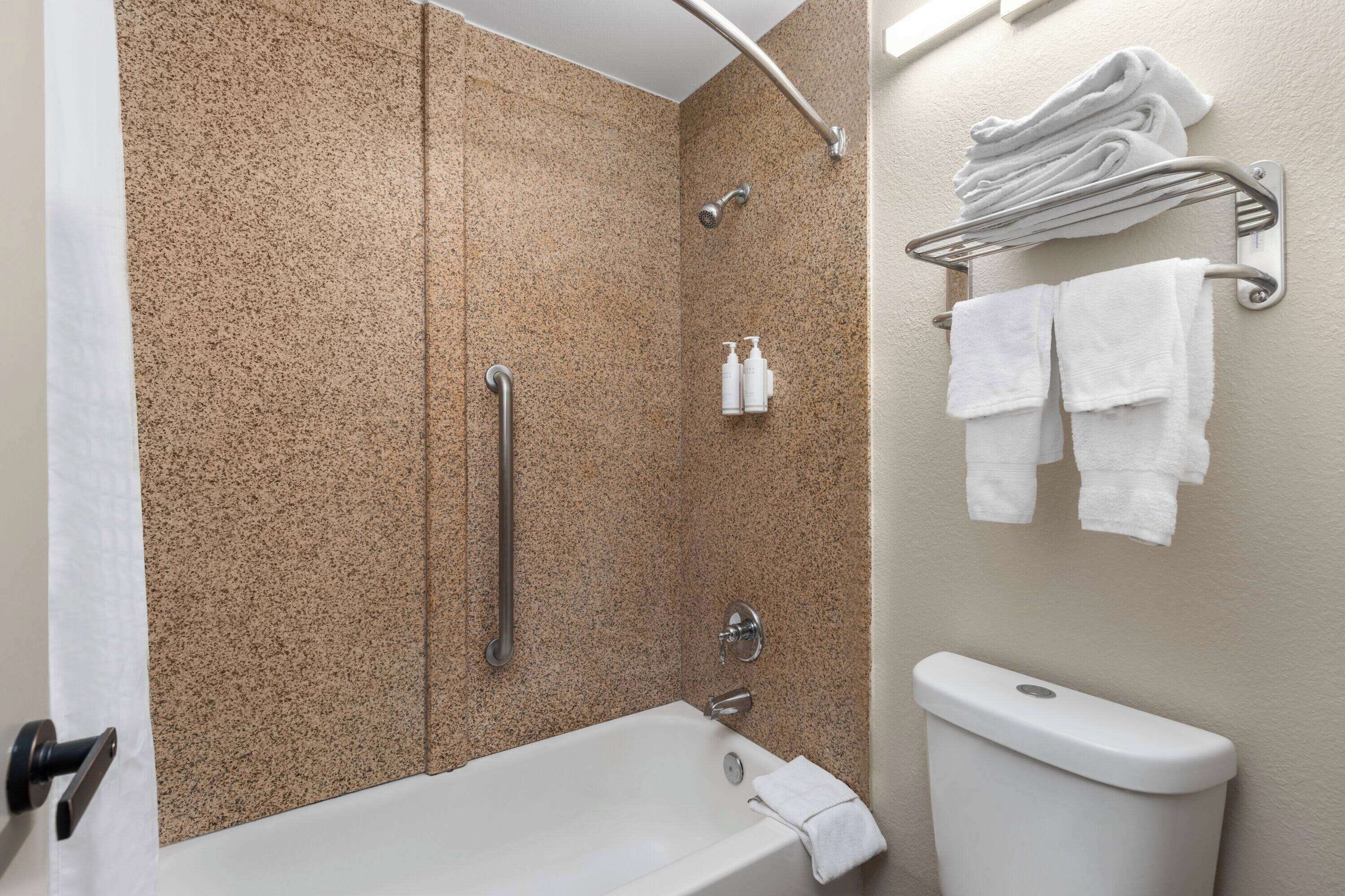Ein Badezimmer mit Badewanne, Dusche und Toilette. Handtücher und Pflegeprodukte befinden sich an der Wand.