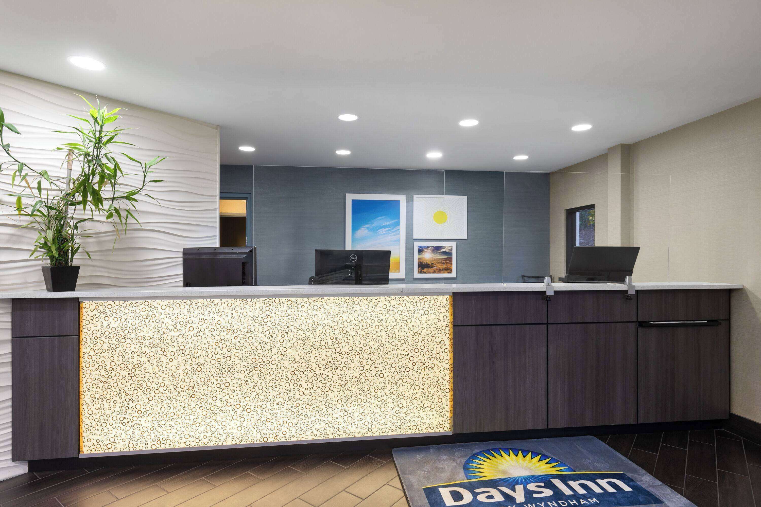 A reception area with a modern design, including a reception desk, a potted plant, and framed pictures on the wall.