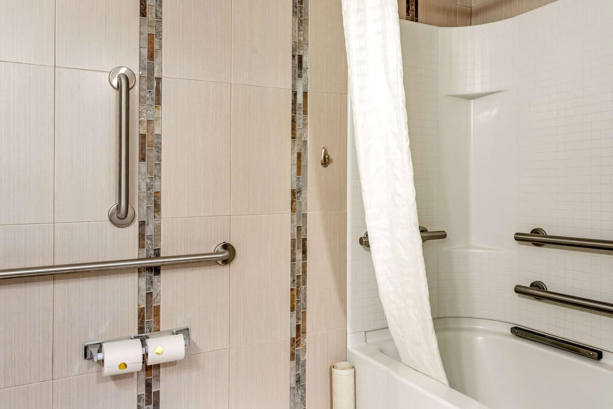 A bathroom with a bathtub, grab bars, and a toilet paper holder.