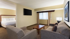 Una habitación de hotel con cama, dos sillones, una mesita de centro, televisor, ventana con cortinas y un cuadro en la pared.