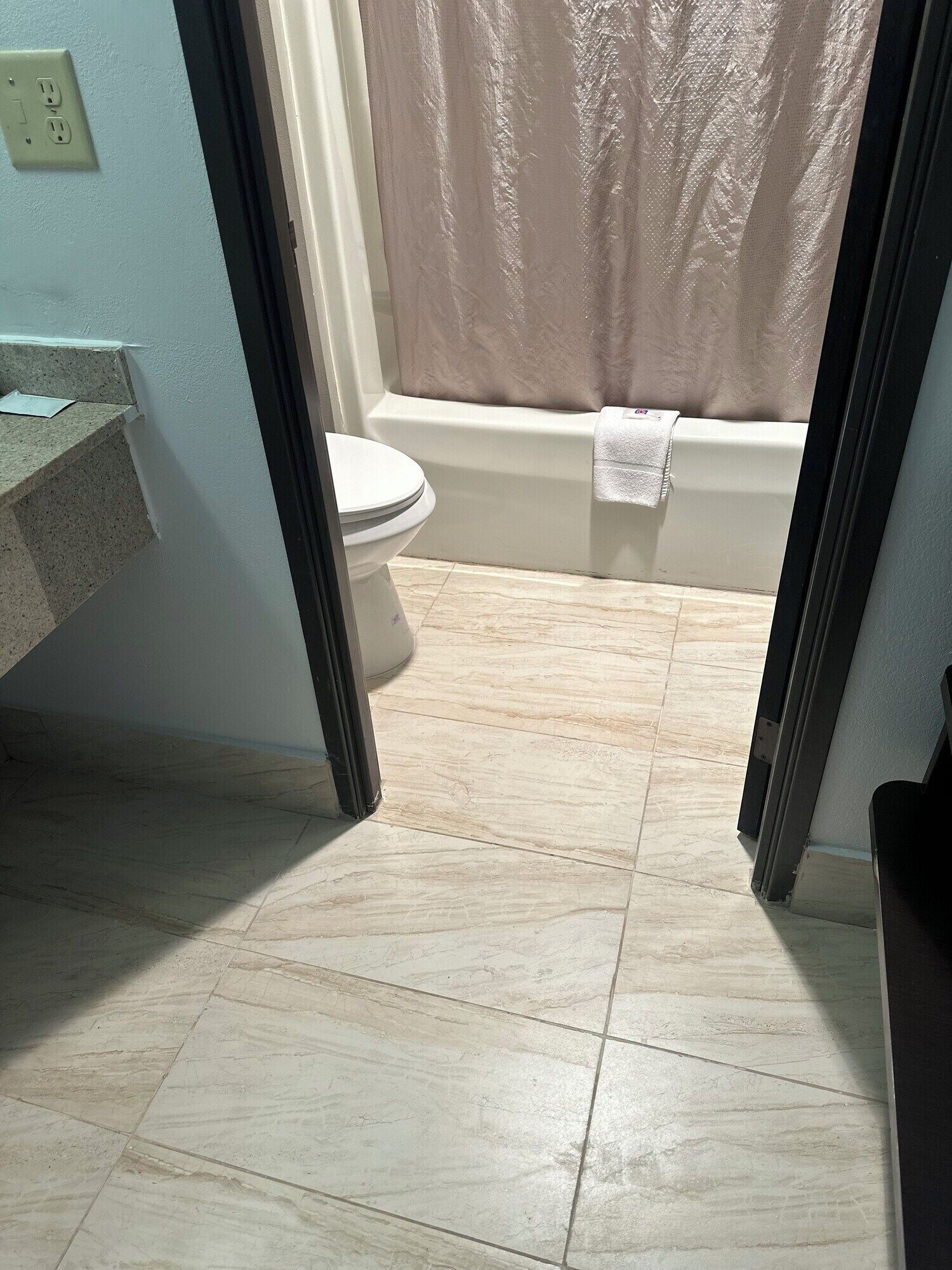A bathroom with a toilet, bathtub, and a shower curtain.