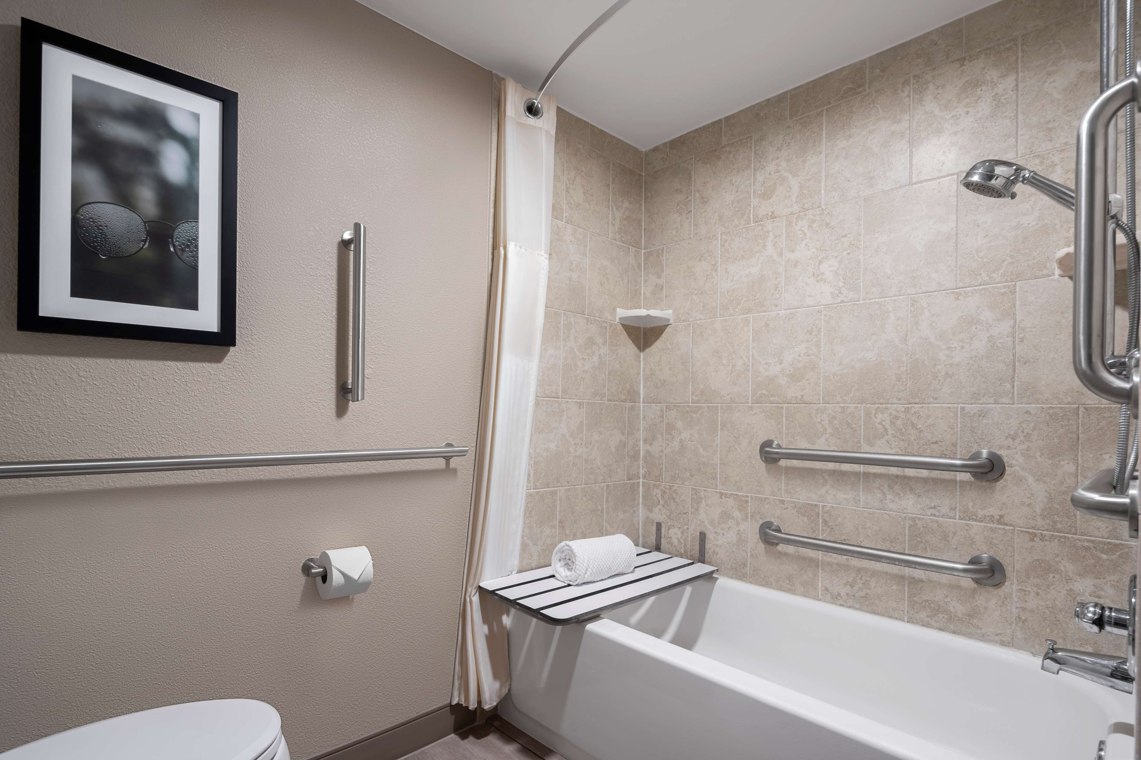 A bathroom with a bathtub, handrails, a towel rack, and a framed picture on the wall.