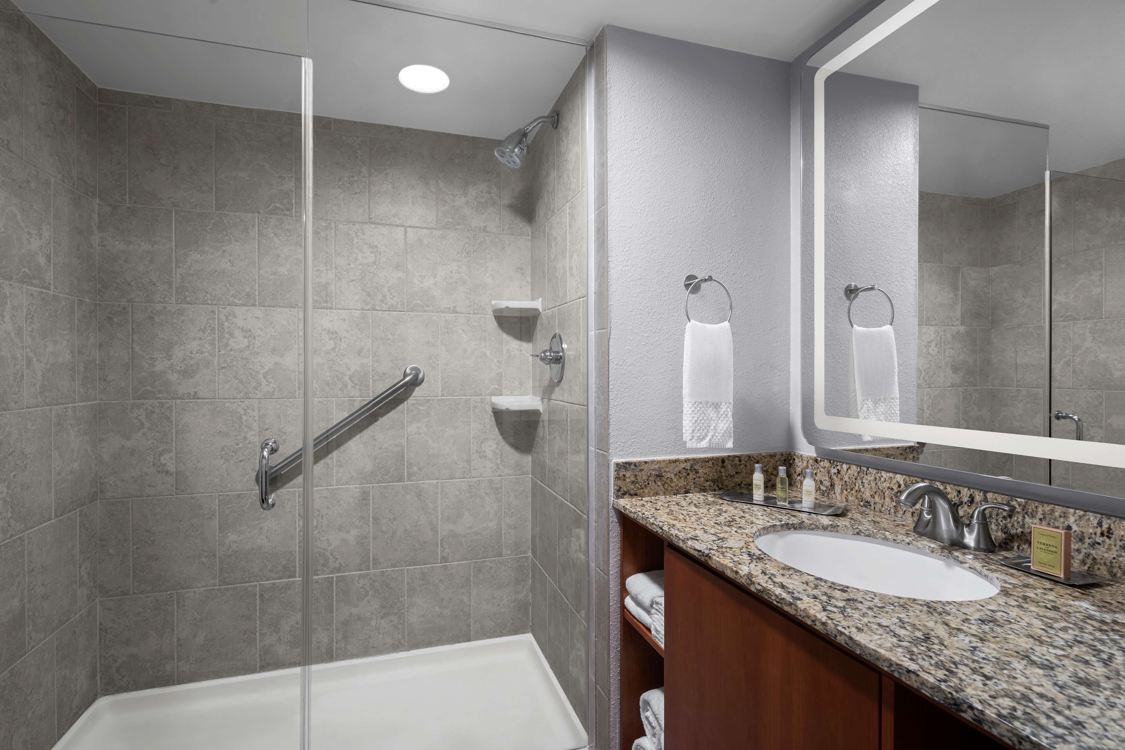 A modern bathroom with a glass-enclosed shower, a large sink with a granite countertop, and a mirror above the sink.