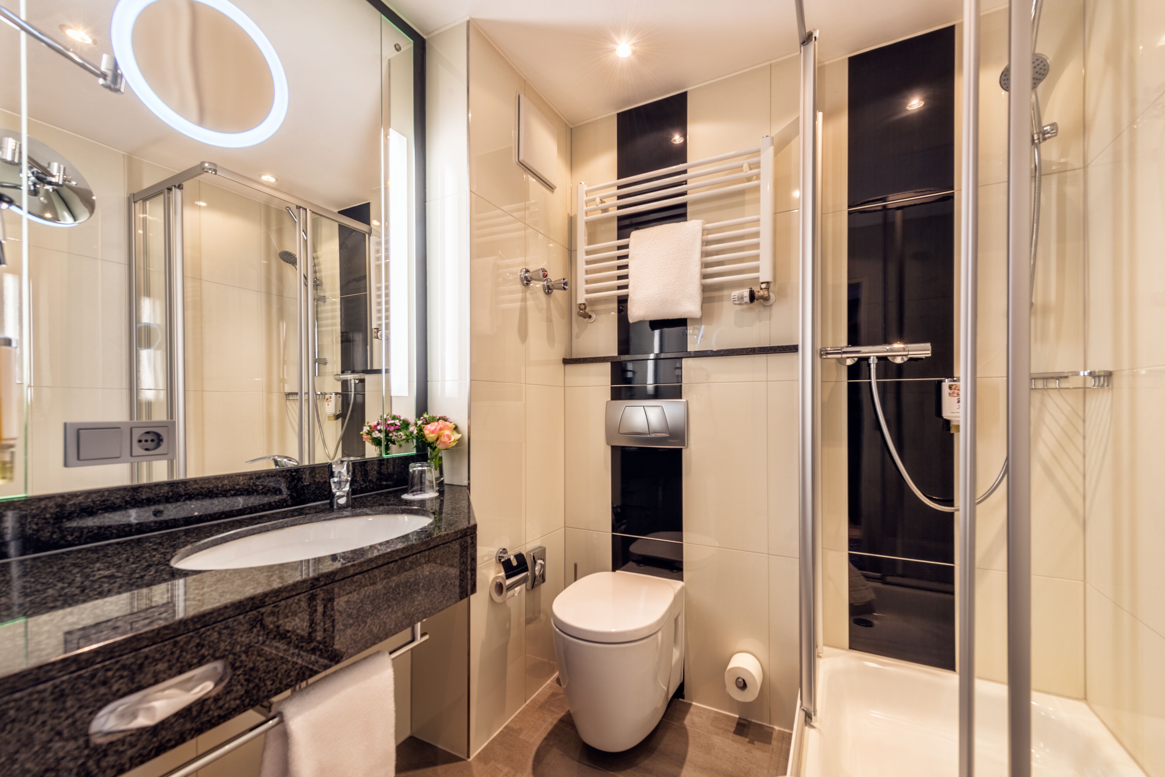 eco-friendly toiletries, hair dryer, bathrobes, towels